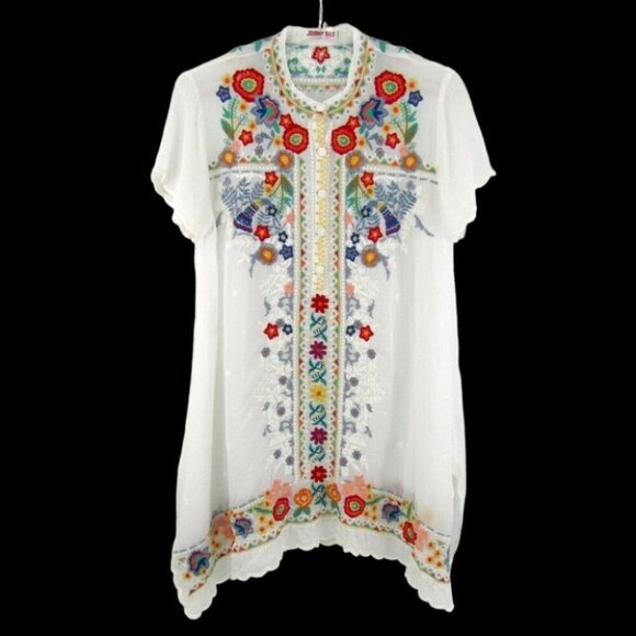 Johnny Was Mikones White Floral Embroidered Tunic Popover Top XS Cupra Sheer - Picture 1 of 11